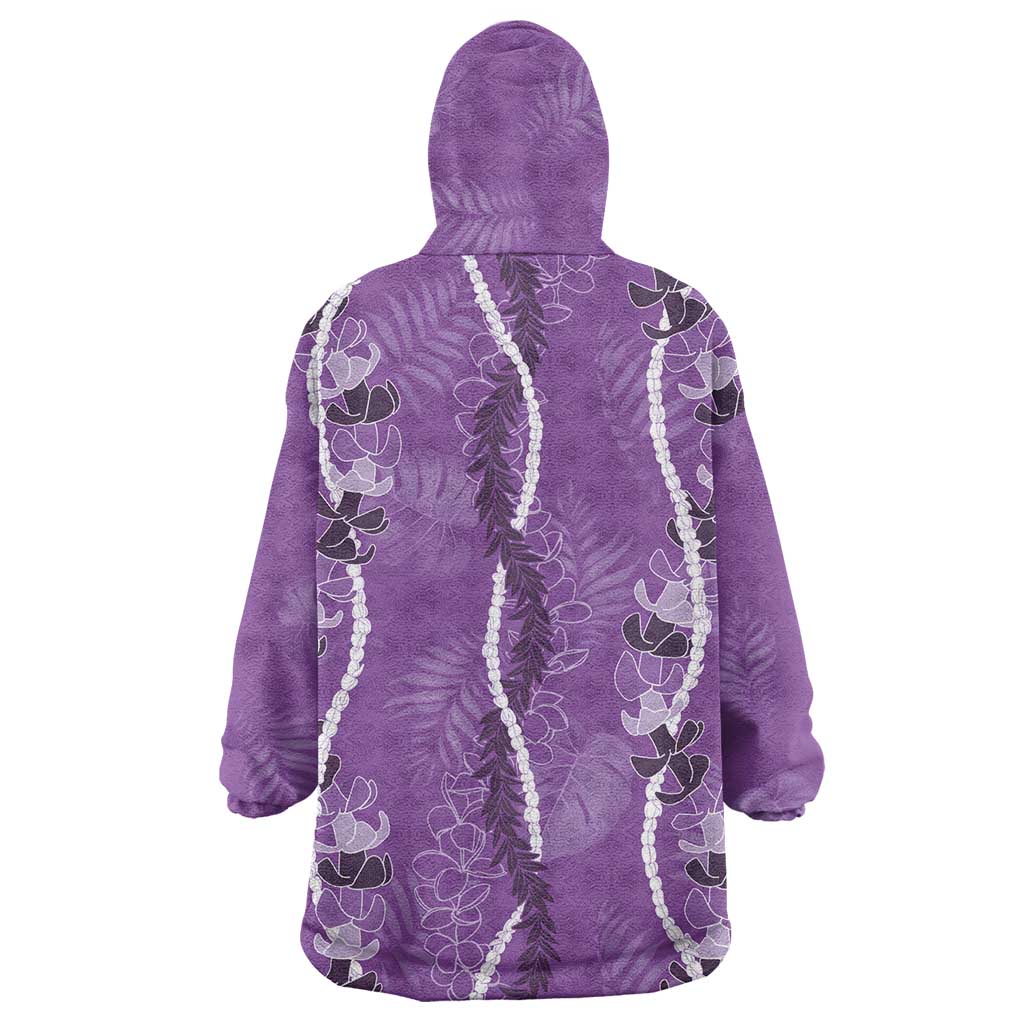 Hawaii Maile Lei Wearable Blanket Hoodie With Violet Monstera Pattern