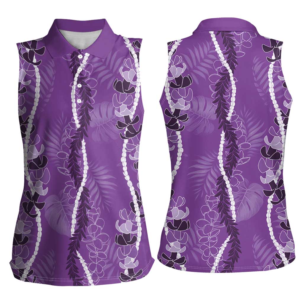 Hawaii Maile Lei Women Sleeveless Polo Shirt With Violet Monstera Pattern