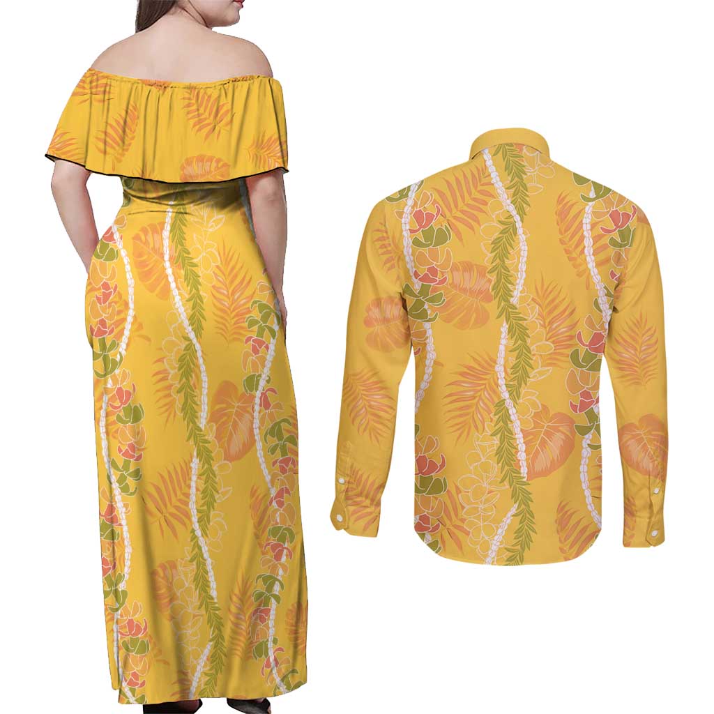Hawaii Maile Lei Couples Matching Off Shoulder Maxi Dress and Long Sleeve Button Shirt With Yellow Monstera Pattern