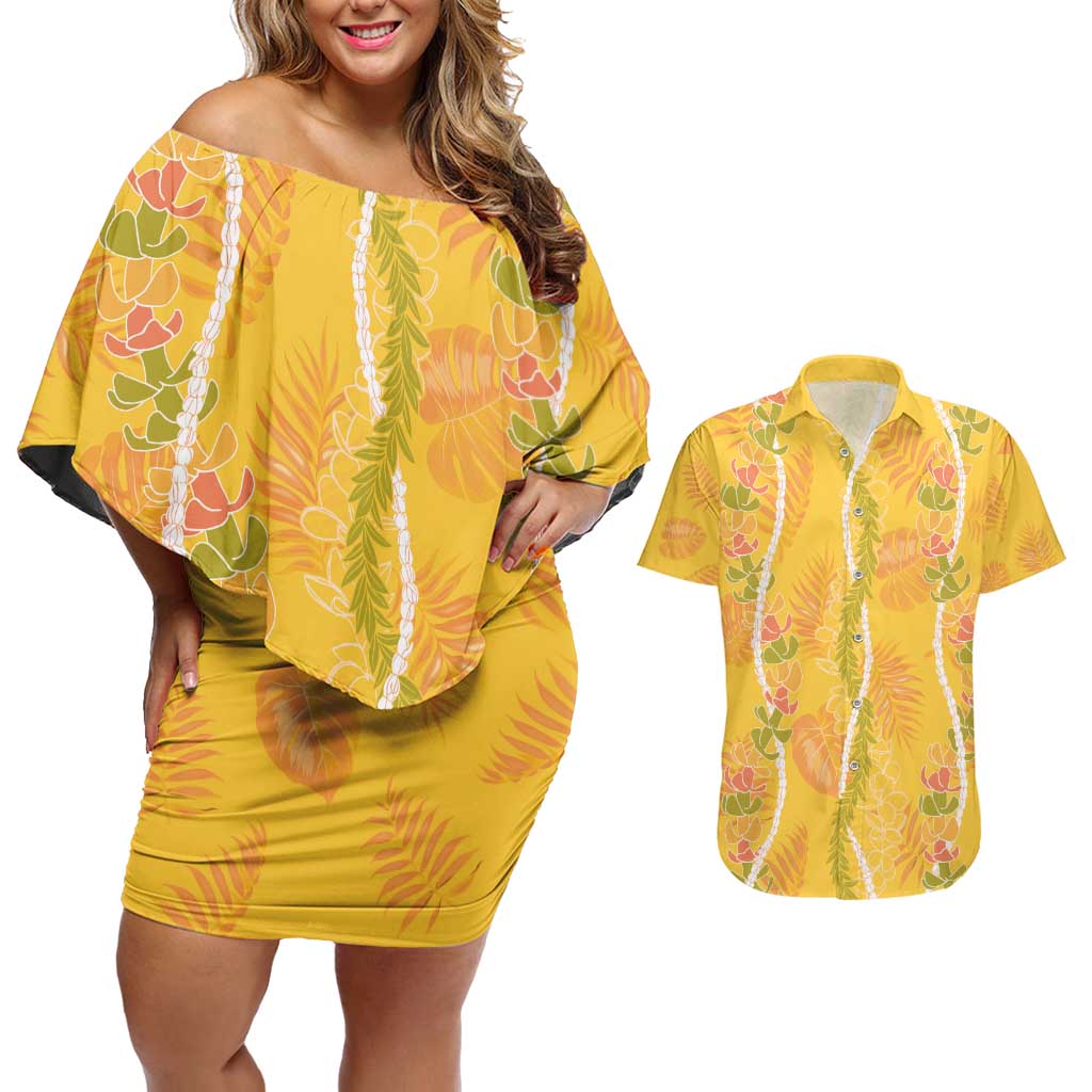 Hawaii Maile Lei Couples Matching Off Shoulder Short Dress and Hawaiian Shirt With Yellow Monstera Pattern