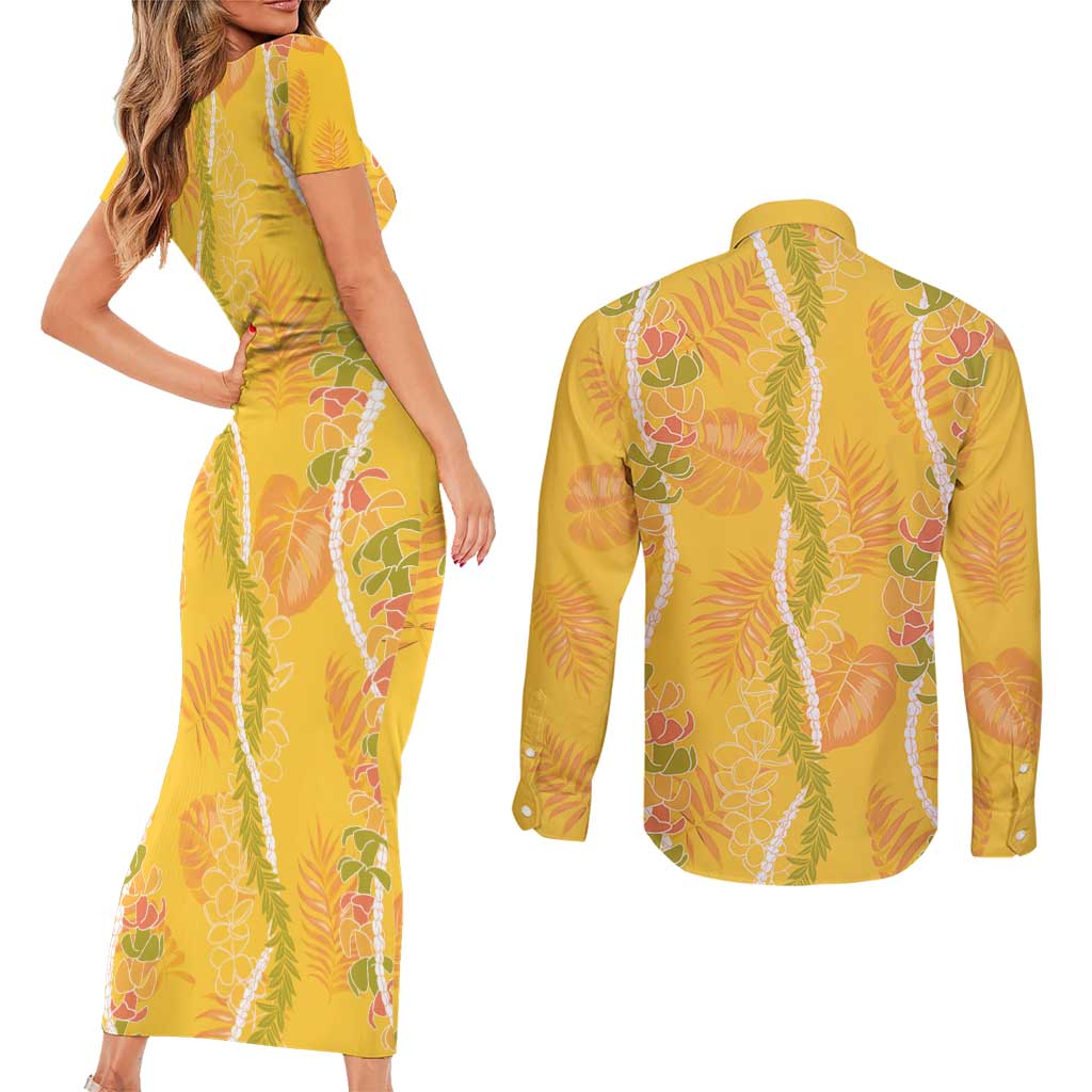 Hawaii Maile Lei Couples Matching Short Sleeve Bodycon Dress and Long Sleeve Button Shirt With Yellow Monstera Pattern
