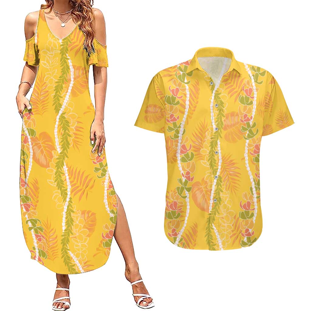 Hawaii Maile Lei Couples Matching Summer Maxi Dress and Hawaiian Shirt With Yellow Monstera Pattern