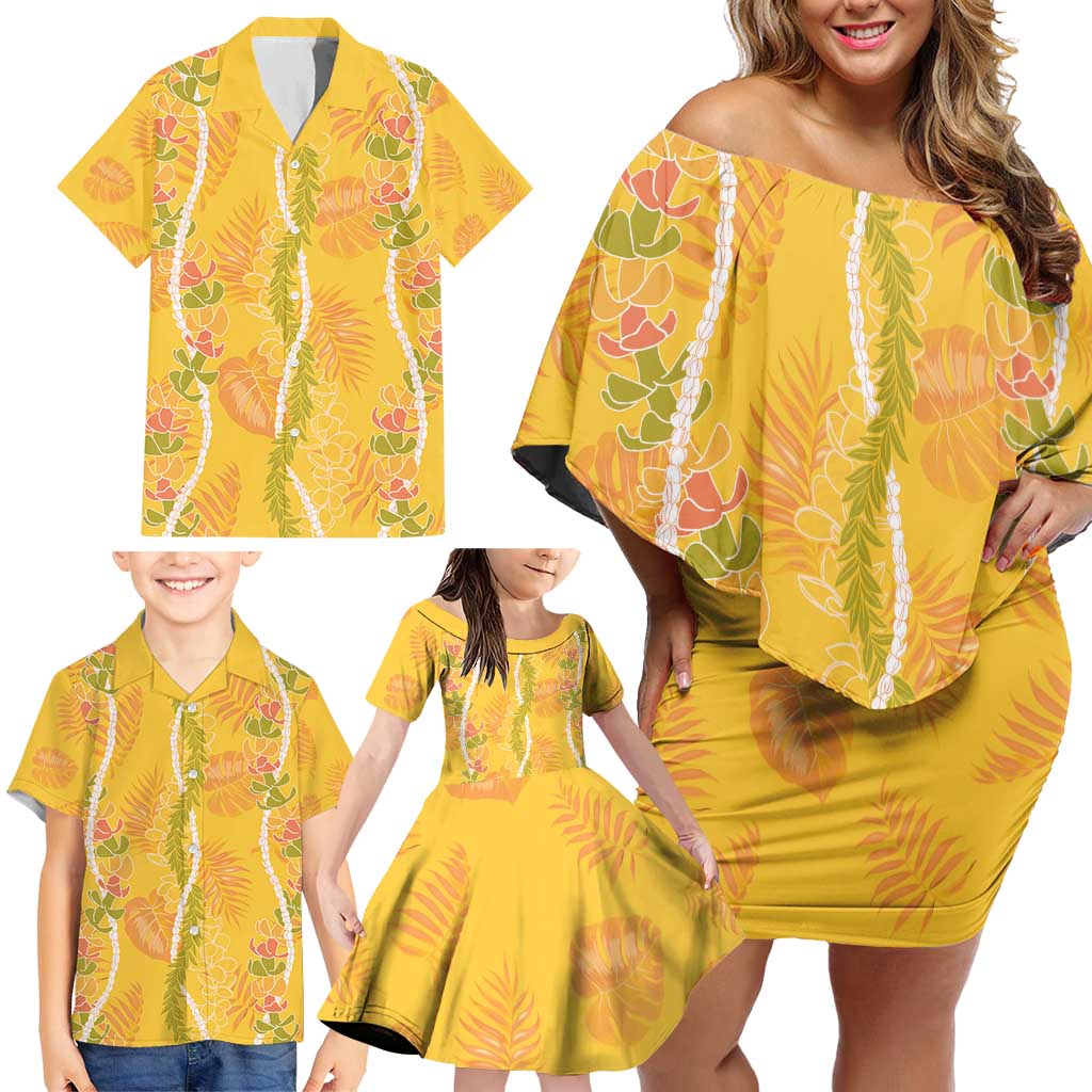 Hawaii Maile Lei Family Matching Off Shoulder Short Dress and Hawaiian Shirt With Yellow Monstera Pattern