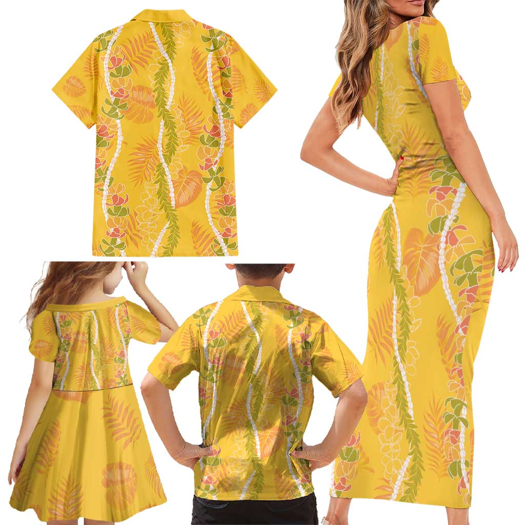 Hawaii Maile Lei Family Matching Short Sleeve Bodycon Dress and Hawaiian Shirt With Yellow Monstera Pattern