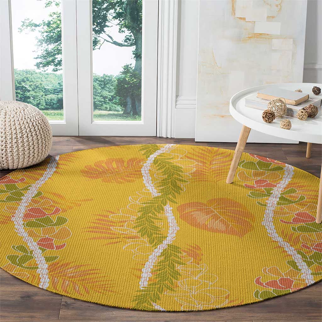 Hawaii Maile Lei Round Carpet With Yellow Monstera Pattern