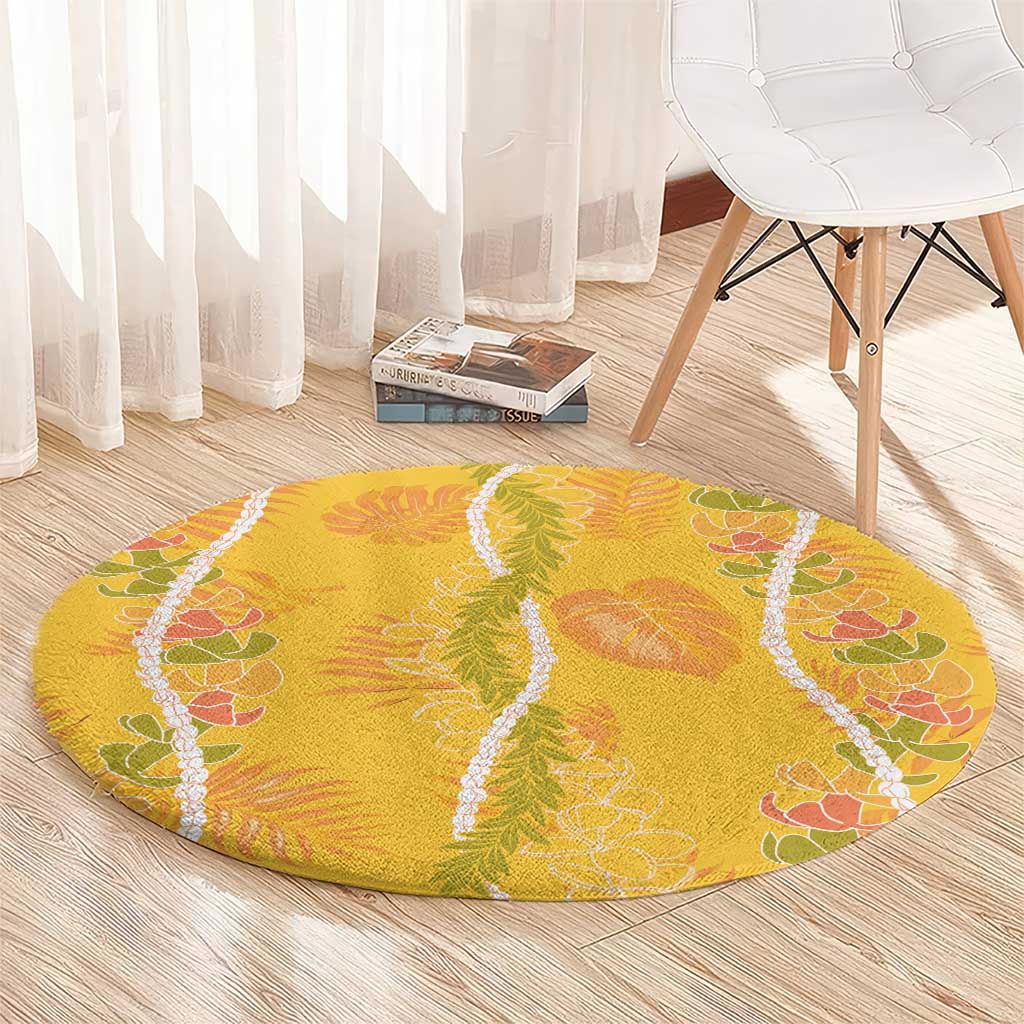Hawaii Maile Lei Round Carpet With Yellow Monstera Pattern