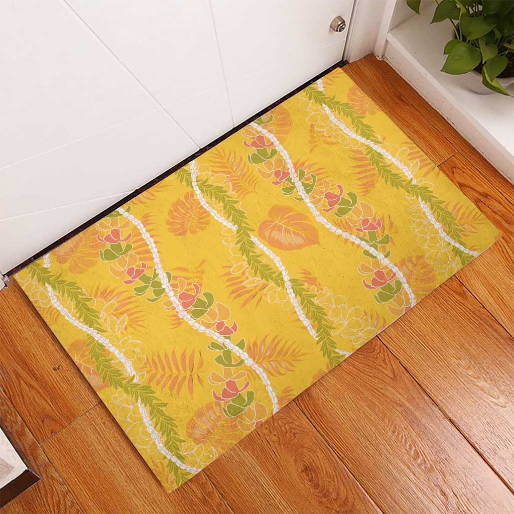 Hawaii Maile Lei Rubber Doormat With Yellow Monstera Pattern