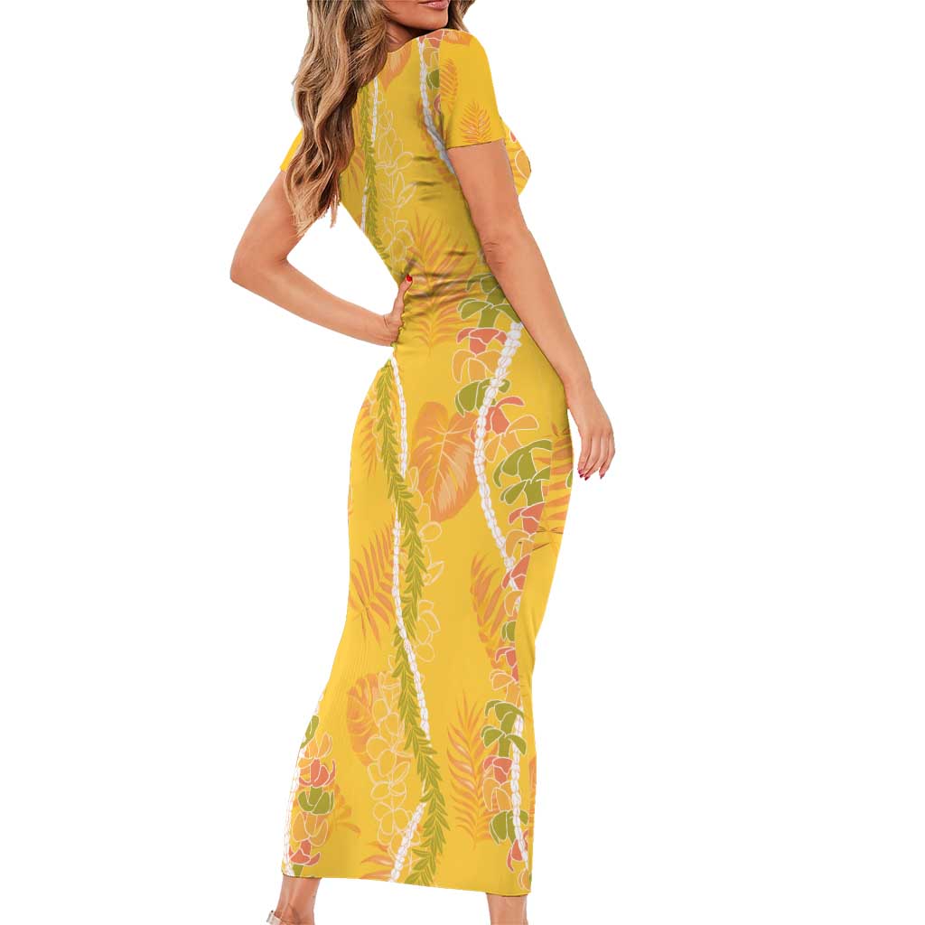 Hawaii Maile Lei Short Sleeve Bodycon Dress With Yellow Monstera Pattern