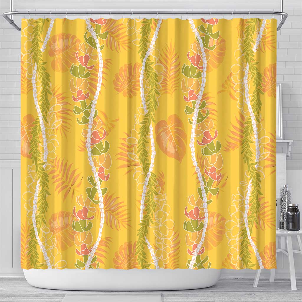 Hawaii Maile Lei Shower Curtain With Yellow Monstera Pattern
