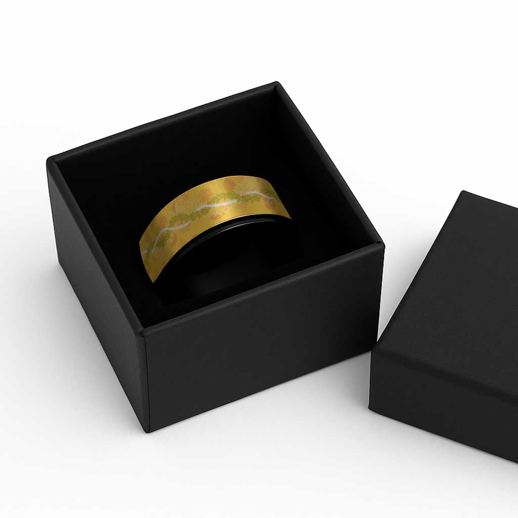 Hawaii Maile Lei Spinner Ring With Yellow Monstera Pattern - Polynesian Pride