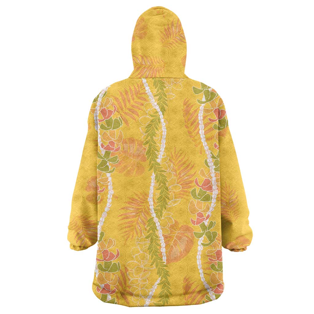 Hawaii Maile Lei Wearable Blanket Hoodie With Yellow Monstera Pattern