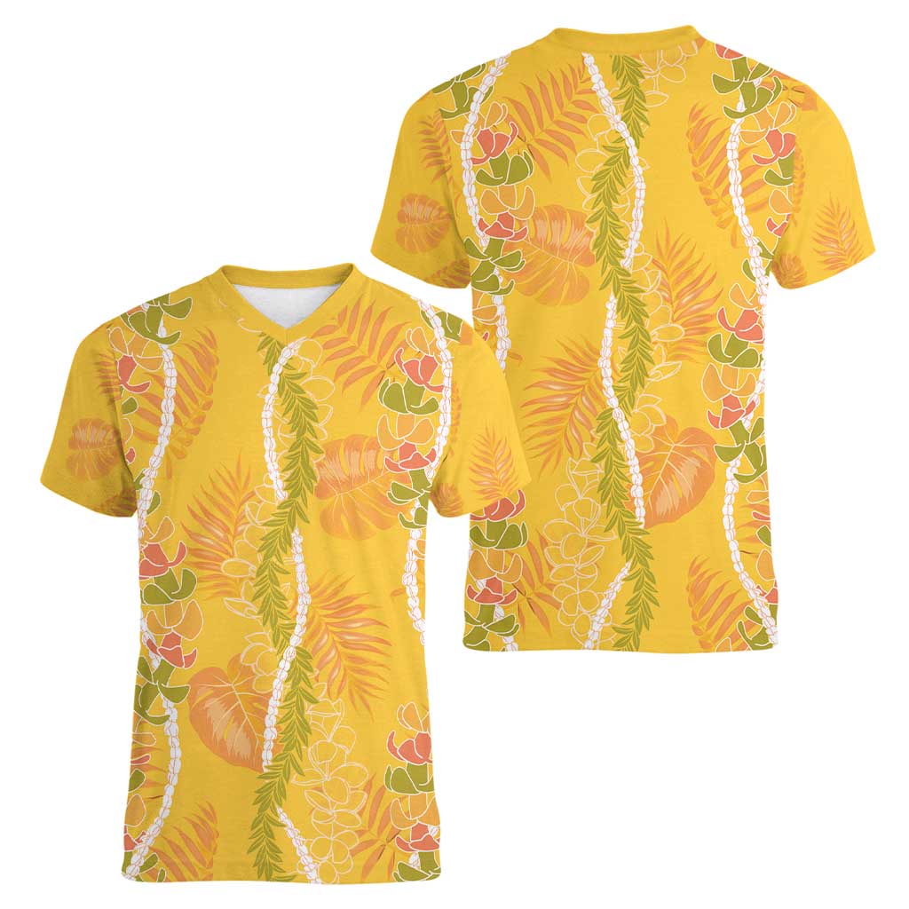 Hawaii Maile Lei Women V-Neck T-Shirt With Yellow Monstera Pattern