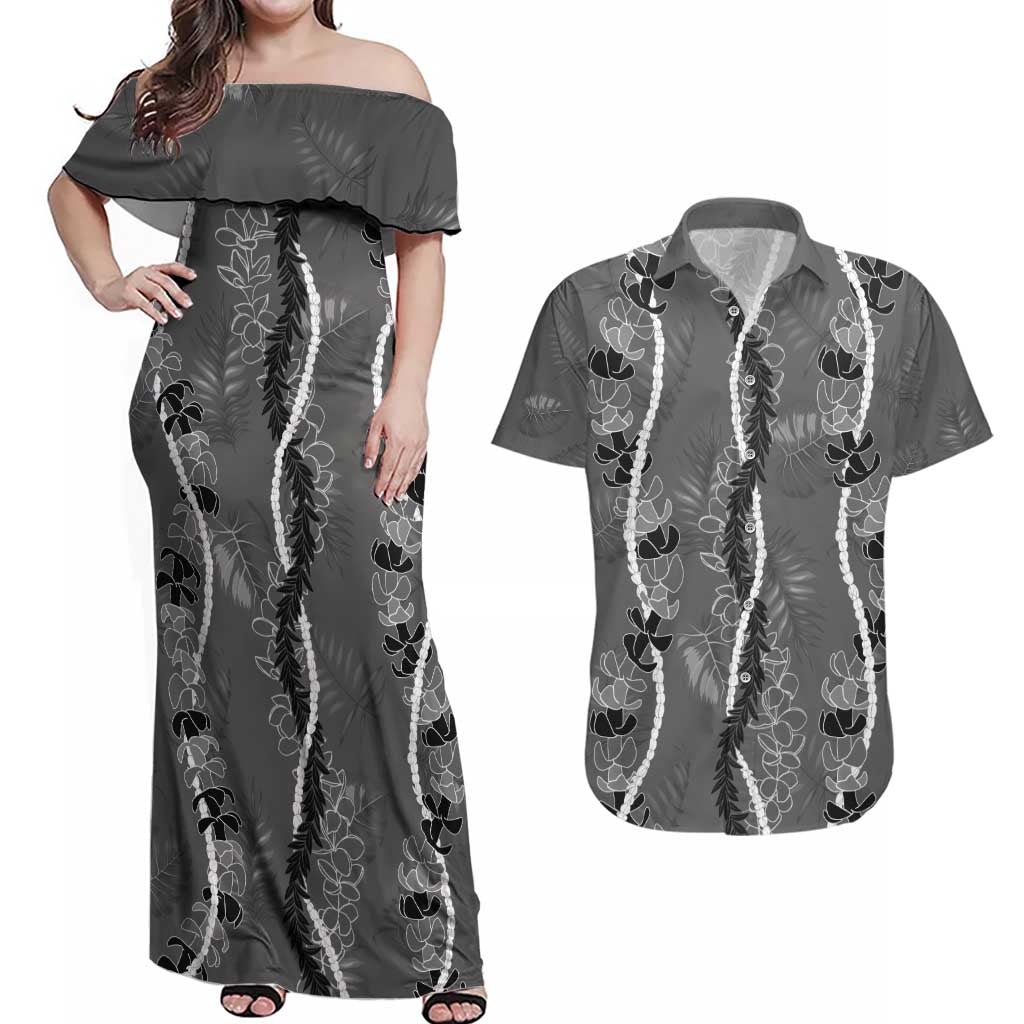 Hawaii Maile Lei Couples Matching Off Shoulder Maxi Dress and Hawaiian Shirt With Gray Monstera Pattern