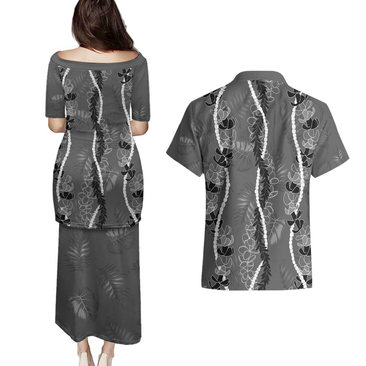 Hawaii Maile Lei Couples Matching Puletasi and Hawaiian Shirt With Gray Monstera Pattern