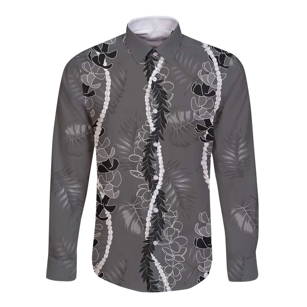 Hawaii Maile Lei Long Sleeve Button Shirt With Gray Monstera Pattern LT05 Unisex Gray - Polynesian Pride