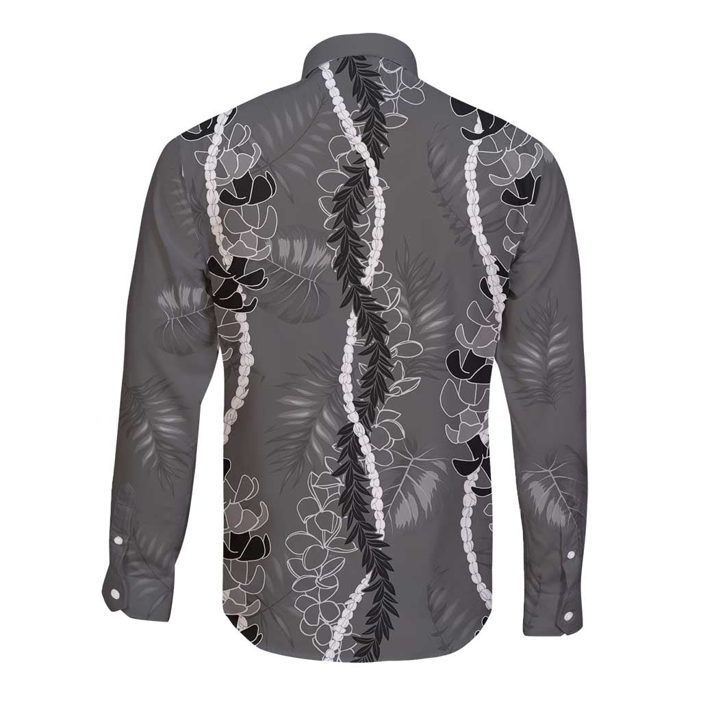 Hawaii Maile Lei Long Sleeve Button Shirt With Gray Monstera Pattern LT05 - Polynesian Pride