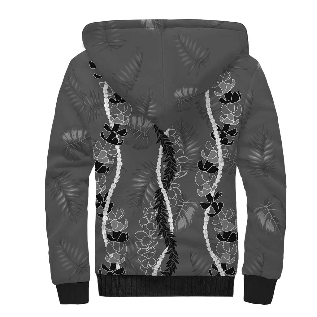 Hawaii Maile Lei Sherpa Hoodie With Gray Monstera Pattern