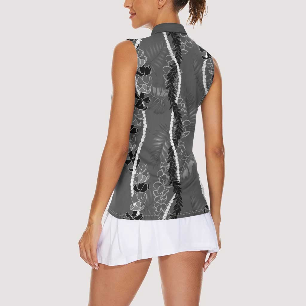 Hawaii Maile Lei Women Sleeveless Polo Shirt With Gray Monstera Pattern