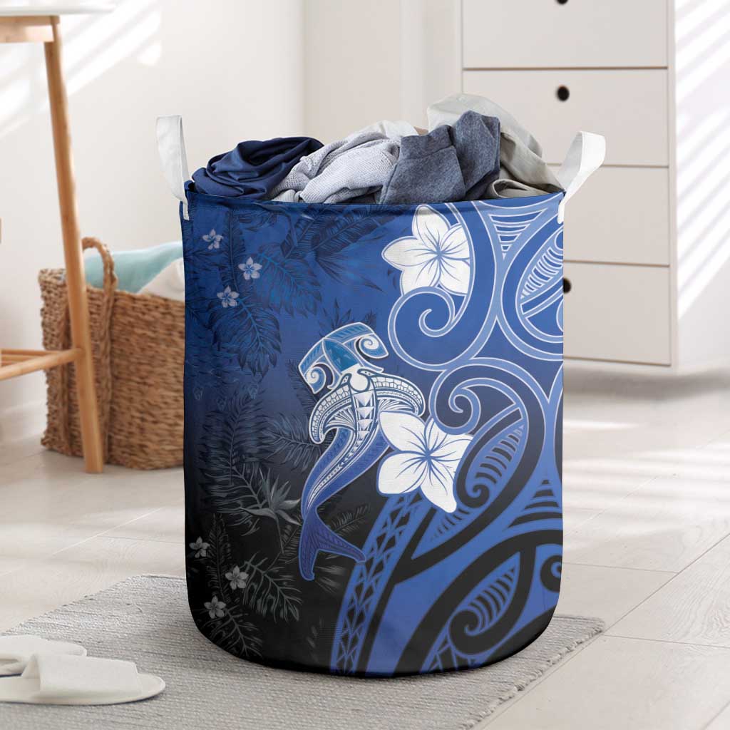 Polynesia Hammerhead Shark Laundry Basket Blue Tribal Pattern With Plumeria - Polynesian Pride