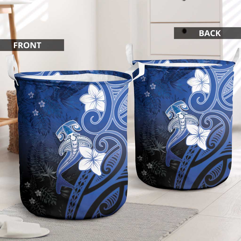 Polynesia Hammerhead Shark Laundry Basket Blue Tribal Pattern With Plumeria - Polynesian Pride