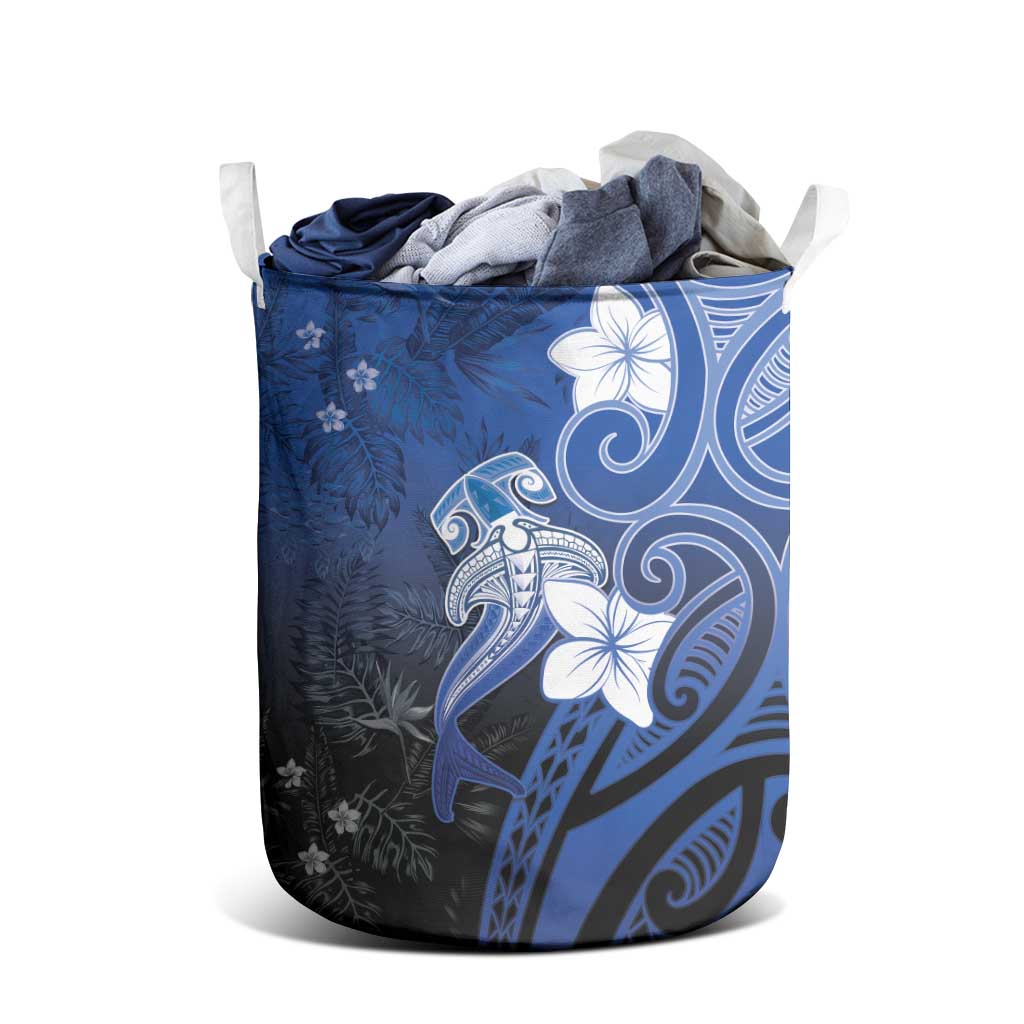Polynesia Hammerhead Shark Laundry Basket Blue Tribal Pattern With Plumeria - Polynesian Pride