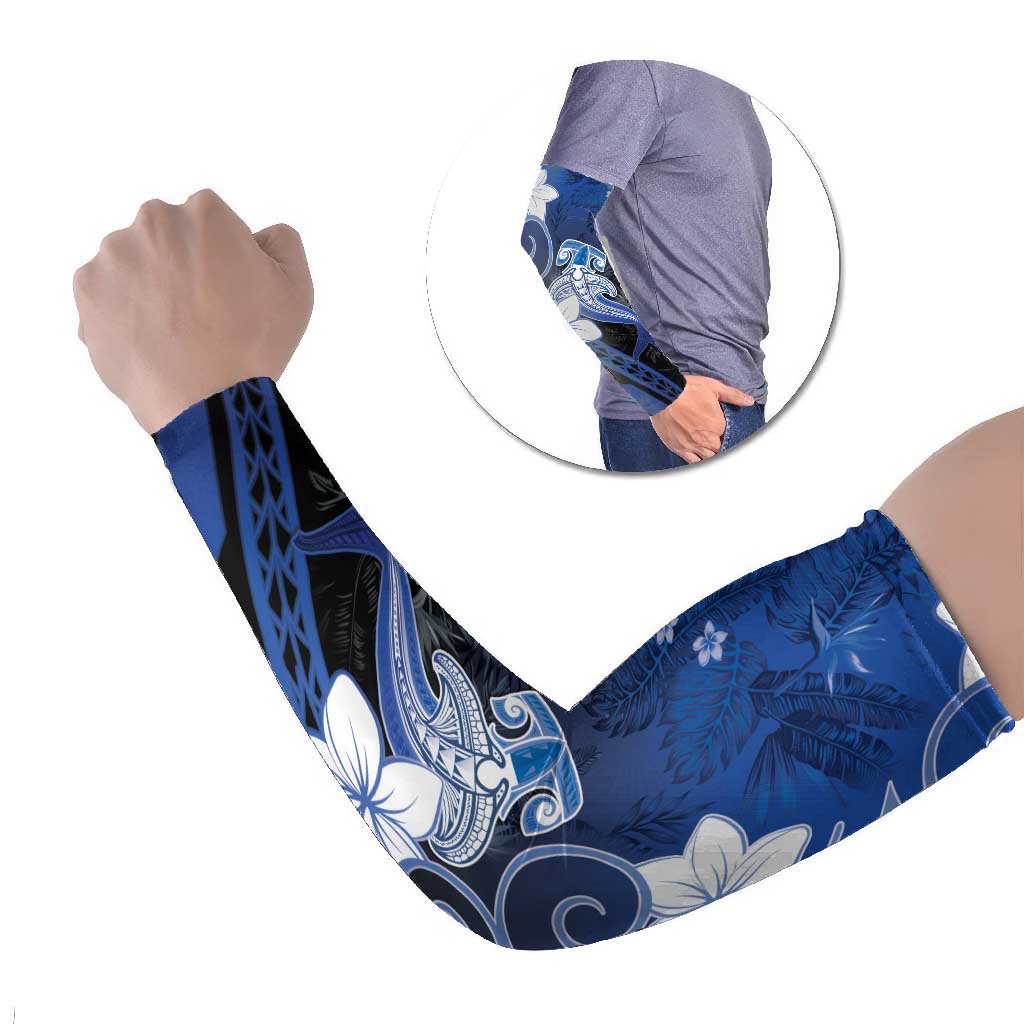 Polynesia Hammerhead Shark Arm Sleeves Blue Tribal Pattern With Plumeria - Polynesian Pride