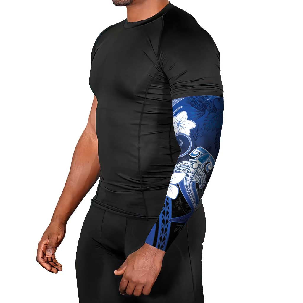 Polynesia Hammerhead Shark Arm Sleeves Blue Tribal Pattern With Plumeria - Polynesian Pride