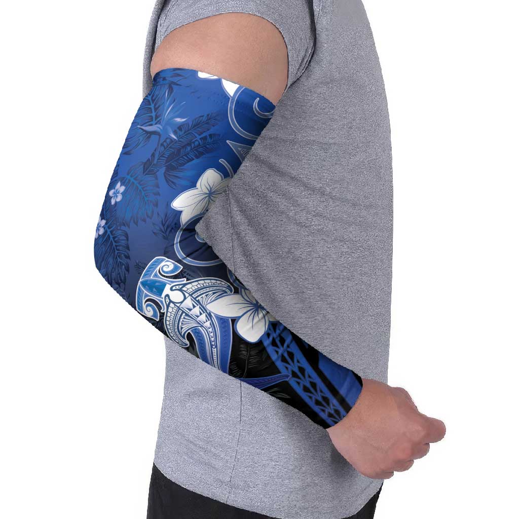 Polynesia Hammerhead Shark Arm Sleeves Blue Tribal Pattern With Plumeria - Polynesian Pride
