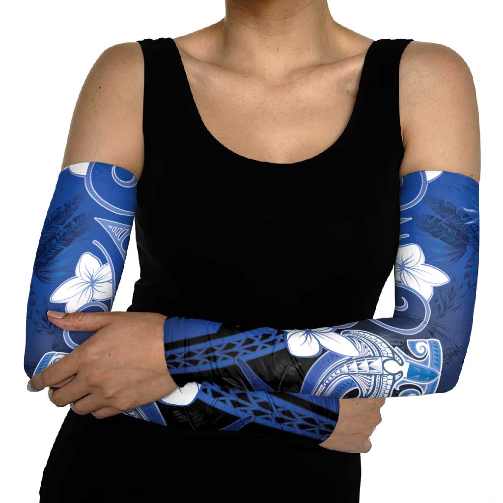 Polynesia Hammerhead Shark Arm Sleeves Blue Tribal Pattern With Plumeria - Polynesian Pride