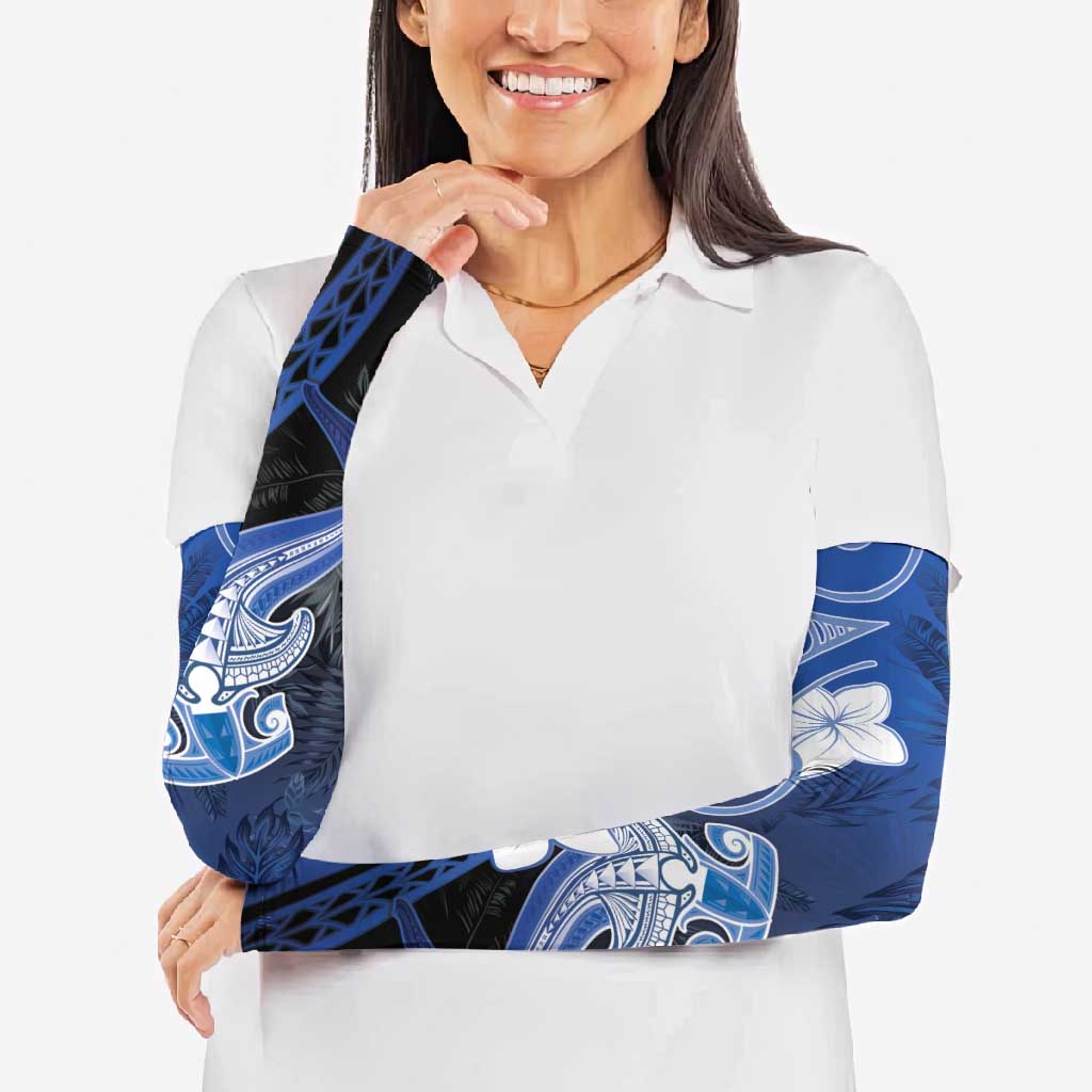 Polynesia Hammerhead Shark Arm Sleeves Blue Tribal Pattern With Plumeria - Polynesian Pride