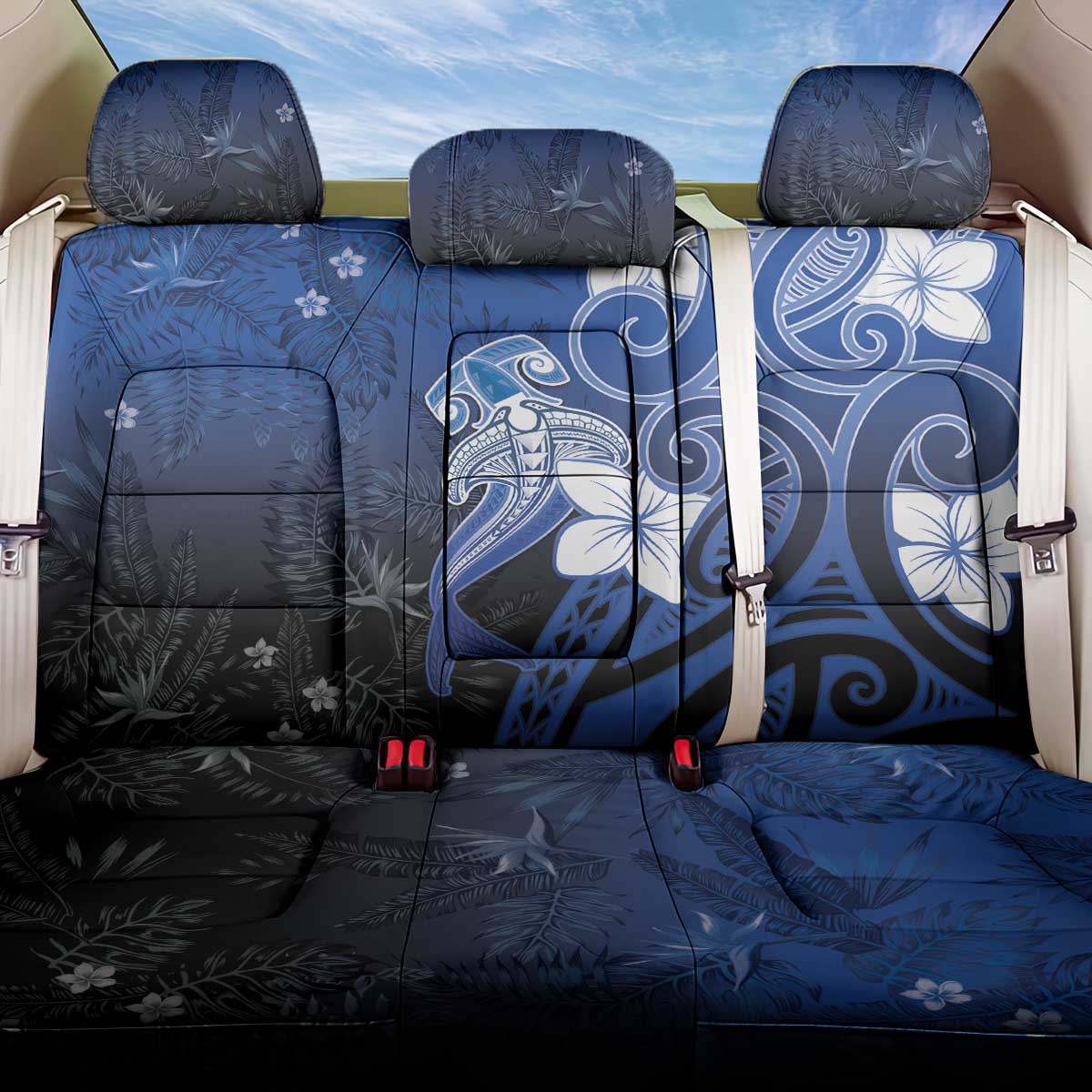 Polynesia Hammerhead Shark Back Car Seat Cover Blue Tribal Pattern With Plumeria LT05 One Size Blue - Polynesian Pride