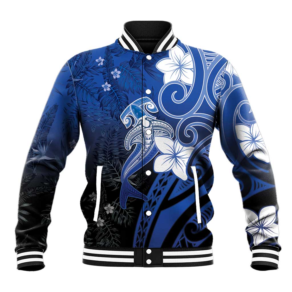 Polynesia Hammerhead Shark Baseball Jacket Blue Tribal Pattern With Plumeria - Polynesian Pride