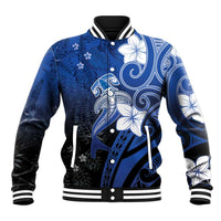 Polynesia Hammerhead Shark Baseball Jacket Blue Tribal Pattern With Plumeria - Polynesian Pride
