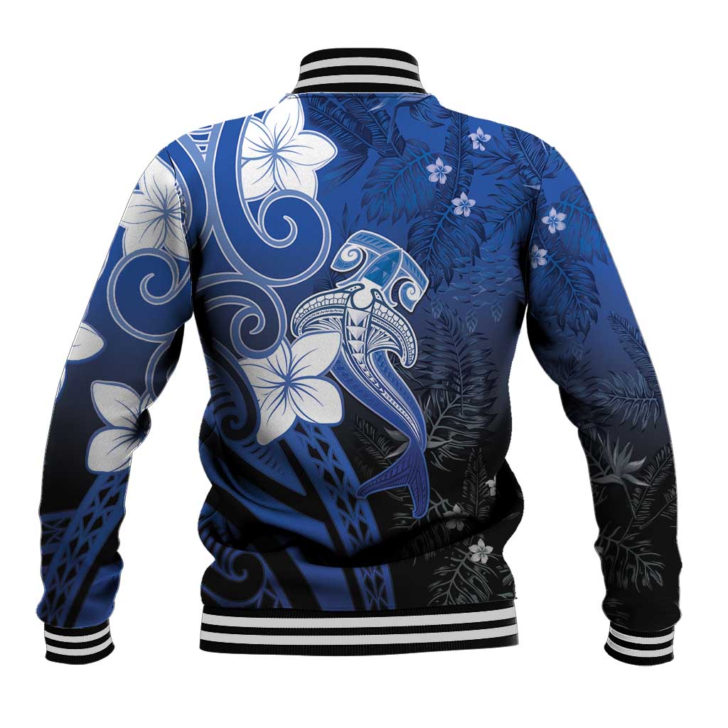 Polynesia Hammerhead Shark Baseball Jacket Blue Tribal Pattern With Plumeria - Polynesian Pride
