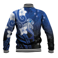 Polynesia Hammerhead Shark Baseball Jacket Blue Tribal Pattern With Plumeria - Polynesian Pride