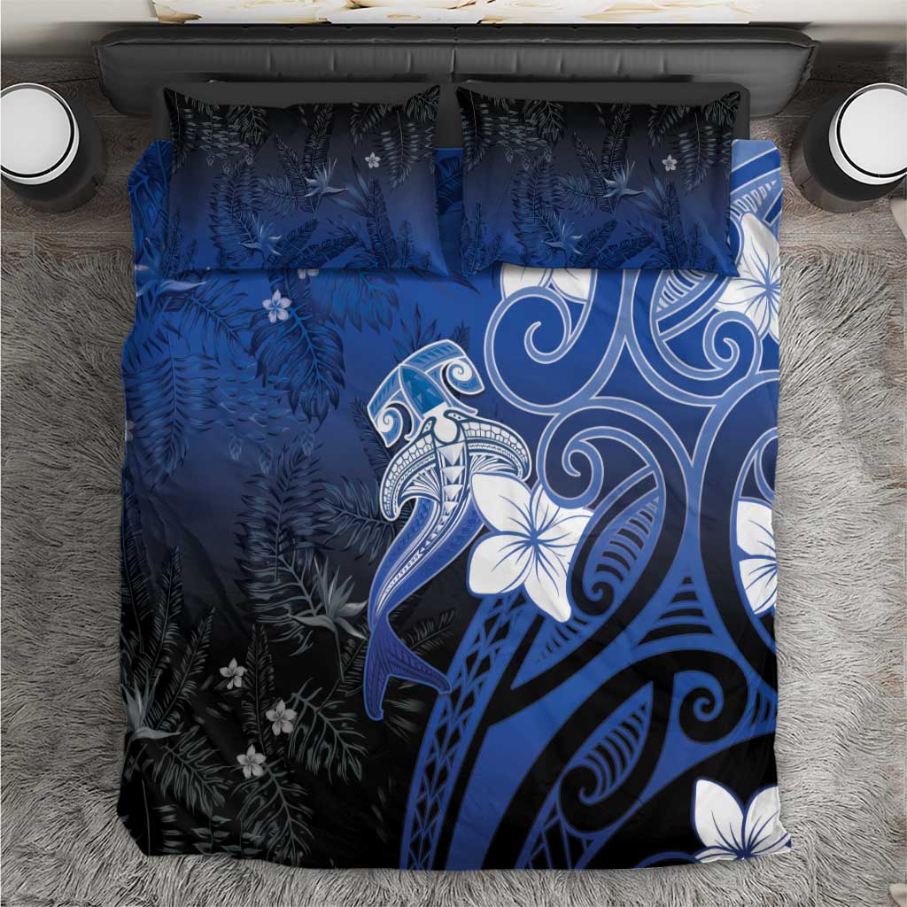 Polynesia Hammerhead Shark Bedding Set Blue Tribal Pattern With Plumeria LT05 Blue - Polynesian Pride