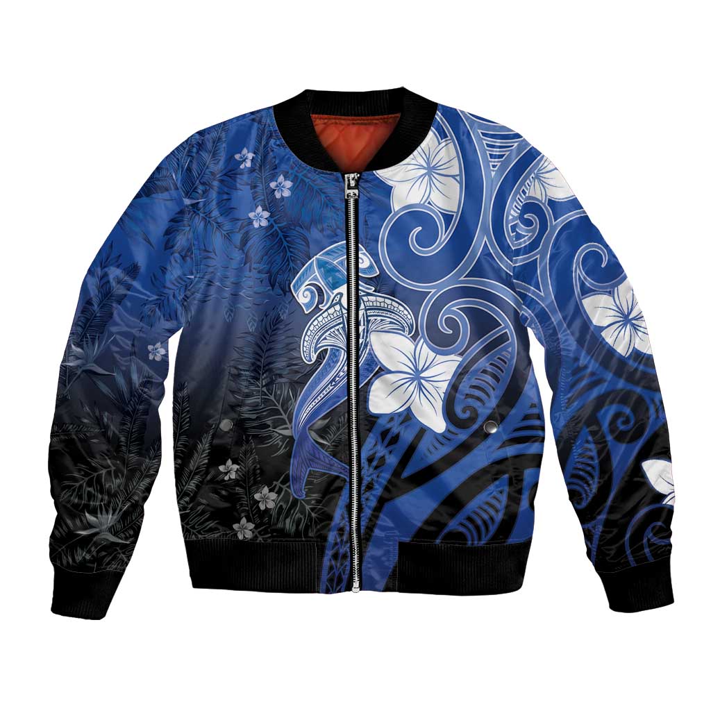 Polynesia Hammerhead Shark Bomber Jacket Blue Tribal Pattern With Plumeria LT05 Unisex Blue - Polynesian Pride