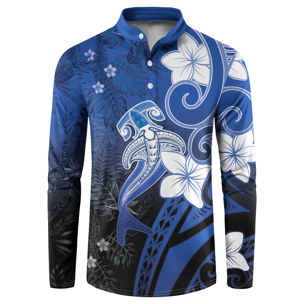 Polynesia Hammerhead Shark Button Sweatshirt Blue Tribal Pattern With Plumeria - Polynesian Pride