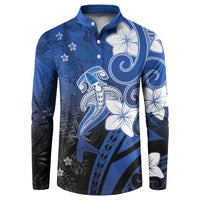 Polynesia Hammerhead Shark Button Sweatshirt Blue Tribal Pattern With Plumeria - Polynesian Pride