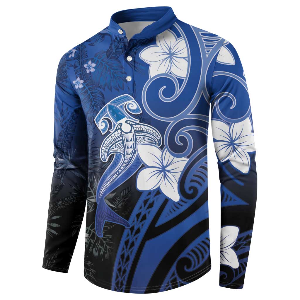 Polynesia Hammerhead Shark Button Sweatshirt Blue Tribal Pattern With Plumeria - Polynesian Pride