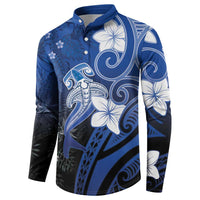 Polynesia Hammerhead Shark Button Sweatshirt Blue Tribal Pattern With Plumeria - Polynesian Pride