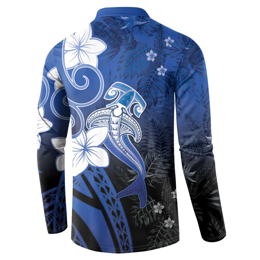 Polynesia Hammerhead Shark Button Sweatshirt Blue Tribal Pattern With Plumeria - Polynesian Pride