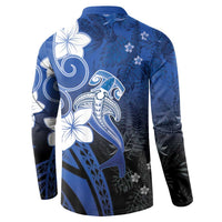 Polynesia Hammerhead Shark Button Sweatshirt Blue Tribal Pattern With Plumeria - Polynesian Pride