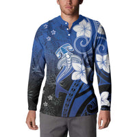 Polynesia Hammerhead Shark Button Sweatshirt Blue Tribal Pattern With Plumeria - Polynesian Pride
