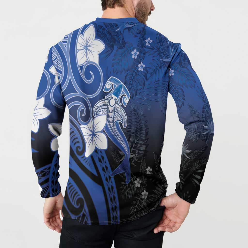Polynesia Hammerhead Shark Button Sweatshirt Blue Tribal Pattern With Plumeria - Polynesian Pride