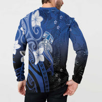 Polynesia Hammerhead Shark Button Sweatshirt Blue Tribal Pattern With Plumeria - Polynesian Pride