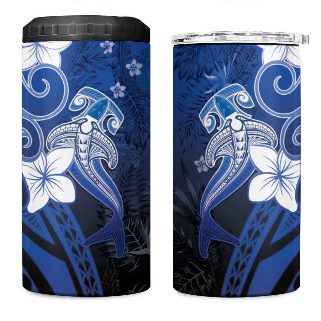 Polynesia Hammerhead Shark 4 in 1 Can Cooler Tumbler Blue Tribal Pattern With Plumeria LT05 One Size: 16 oz Blue - Polynesian Pride