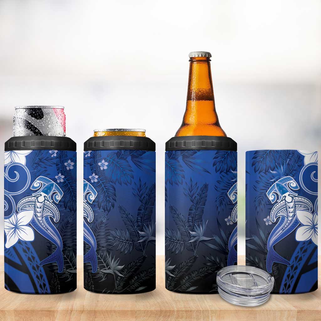 Polynesia Hammerhead Shark 4 in 1 Can Cooler Tumbler Blue Tribal Pattern With Plumeria LT05 - Polynesian Pride