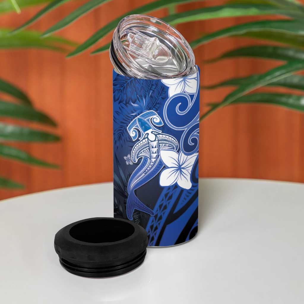 Polynesia Hammerhead Shark 4 in 1 Can Cooler Tumbler Blue Tribal Pattern With Plumeria LT05 - Polynesian Pride