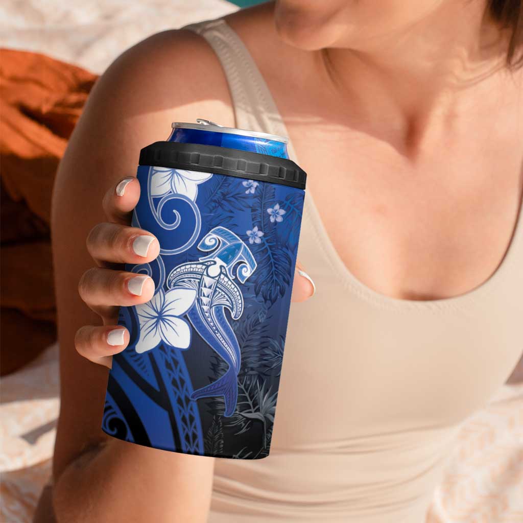Polynesia Hammerhead Shark 4 in 1 Can Cooler Tumbler Blue Tribal Pattern With Plumeria LT05 - Polynesian Pride